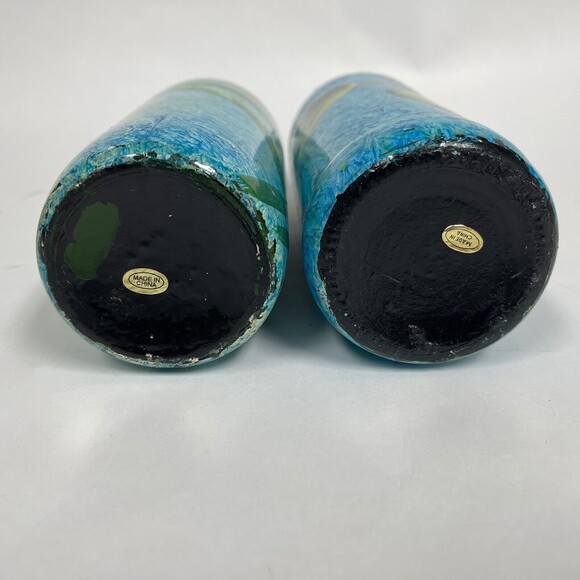 Painted Glass Bottles Floral Fruits Blue 11 1/2" Tall Lot of 2 - Picture 6 of 6